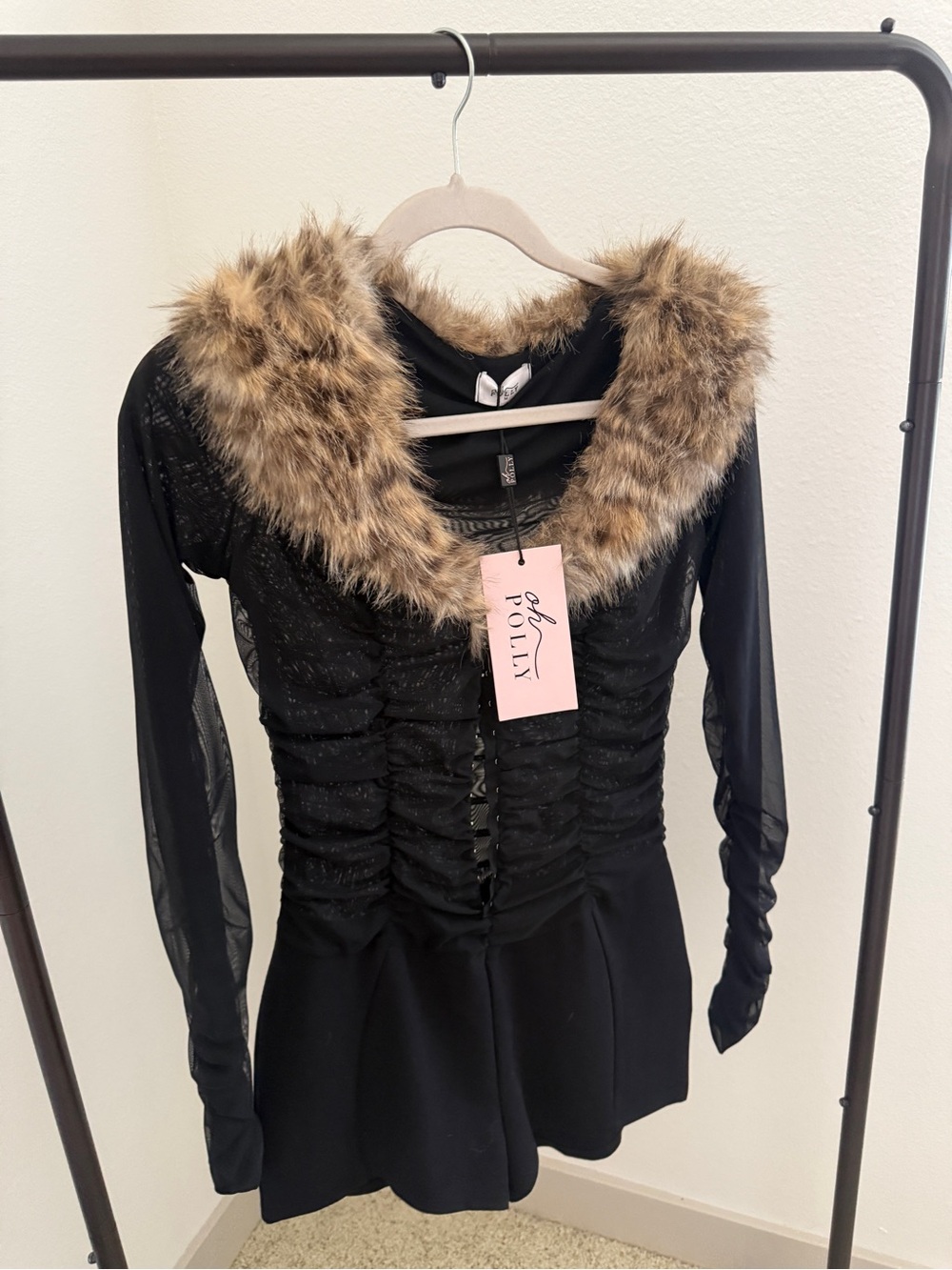 Oh Polly Black Trench Coat with Faux Fur Trim